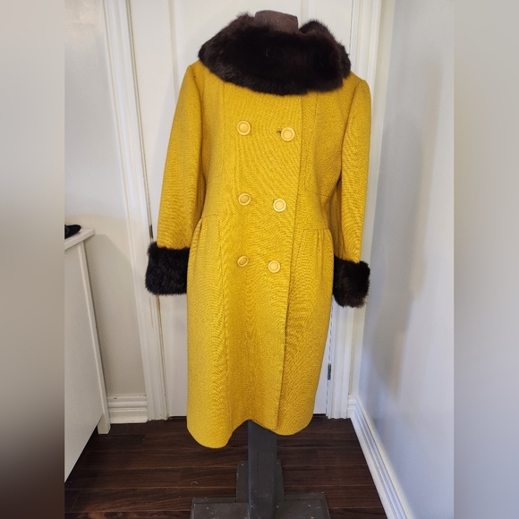 Sears Jackets & Blazers - Vintage Sears Mustard Colored Wool Blend and Fur Trim Coat